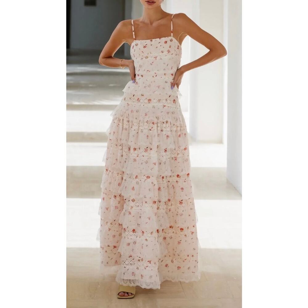 Anne Louise Boutique Maxi Dress Lovette Pink & Cream Floral Lace Tiered - Picture 2 of 12